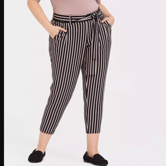 Torrid Black Multi Stripe Crepe Tie Front Tapered Pant - Picture 1 of 8